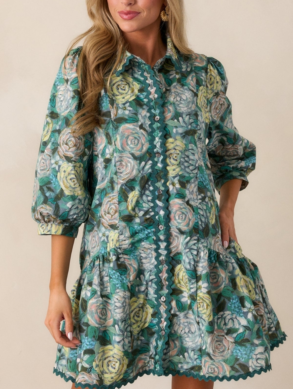 Cottagecore Green Floral Cotton Drop Waist Mini Dress Romantic Prairie Sz LG - Picture 3 of 16
